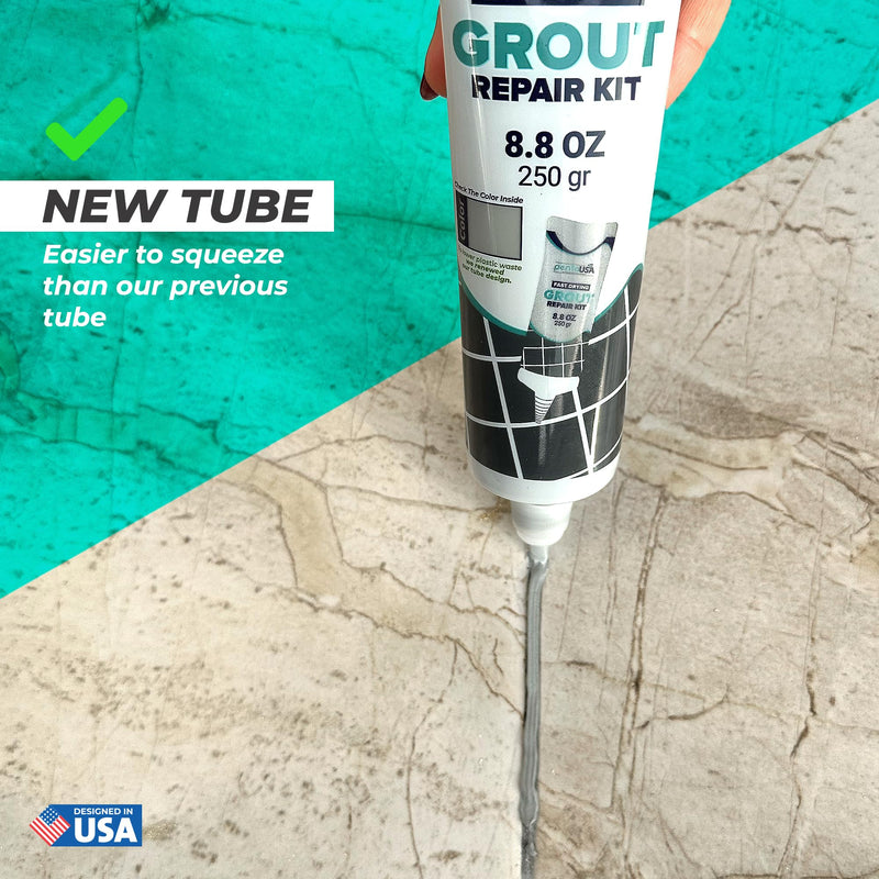 Pentausa Premixed Acrylic Sanded Tile Grout Repair Kit - Ready to Use Grout Renew Filler for Bathroom, Shower, & Kitchen Tile with Grout Removal Tool, Applicator & Sponge, (8.8 Oz - 250gr) (Grey) Grey