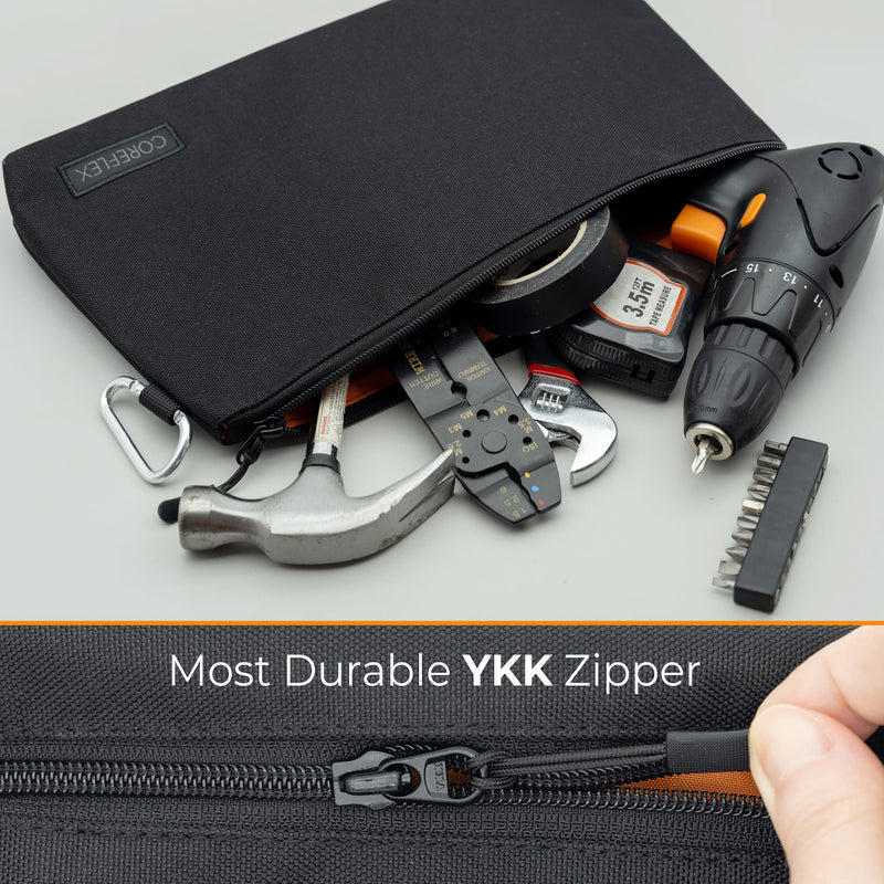 COREFLEX Premium Tool Pouch Zipper Bag, Small Tool Bag, Multipurpose Storage pouch, Heavy duty Flat Bottom Tool bag with YKK Zipper (6 pack Large 12inch) 6 pack Large 12inch