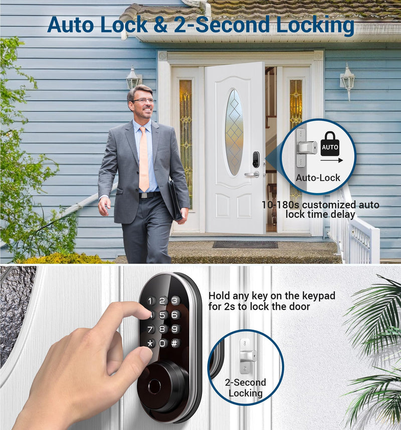 TEEHO TE342 Fingerprint Smart Keyless Entry Door Lock with Keypad, Bluetooth App Remote Control - Electronic Deadbolt for Front Door - Auto Lock - Silver