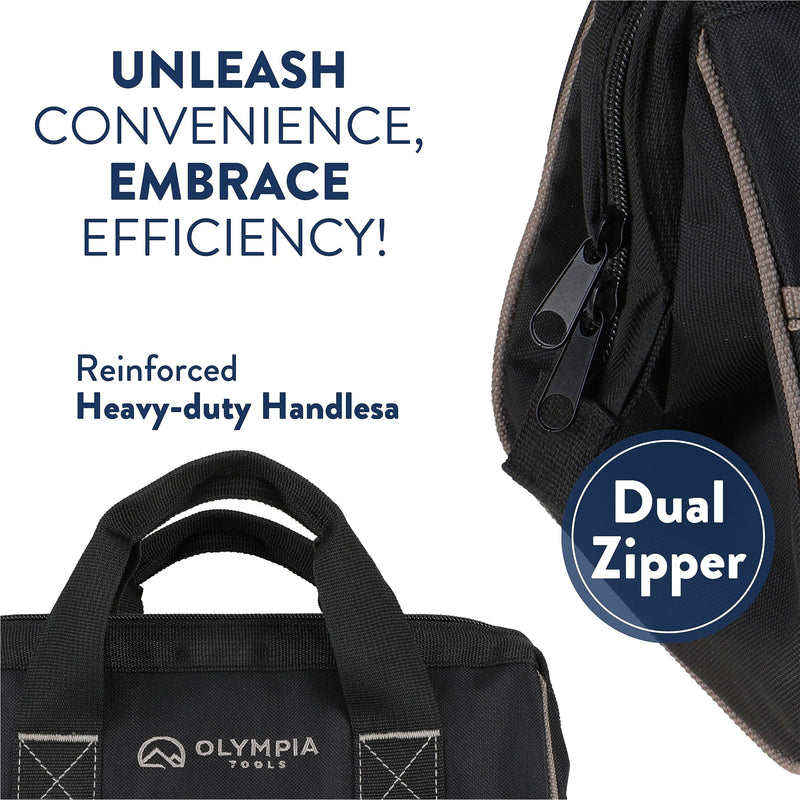 Olympia Tool Bag 12 Inch, Heavy Duty Tools Bag with 3 Large Pockets, Adjustable Shouder Straps and 600D Reinforced Material 12-Inch Black