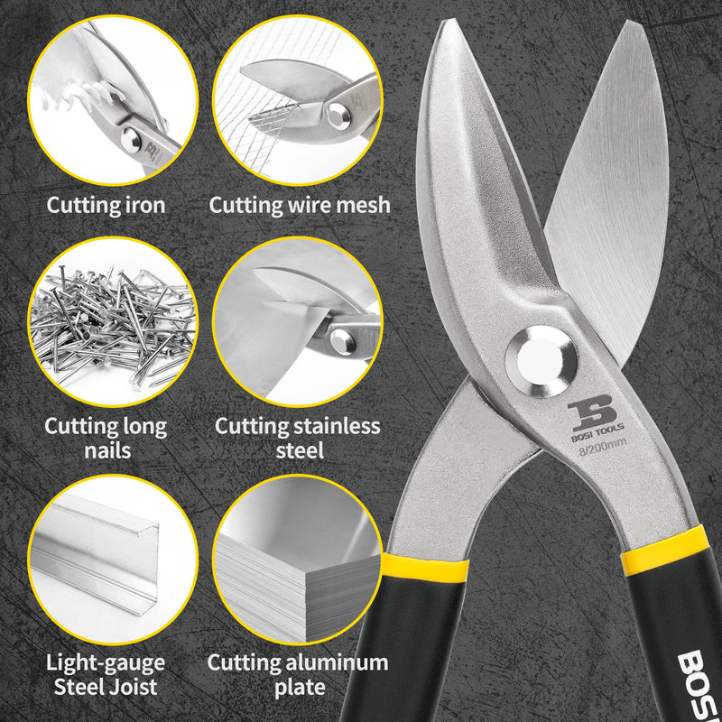 8 Inch Straight Pattern Tin Snips Metal Cutters, High Strength Forged and Heat Treated Carbon Steel with Comfortable Black Rubber Handle 8 Inch