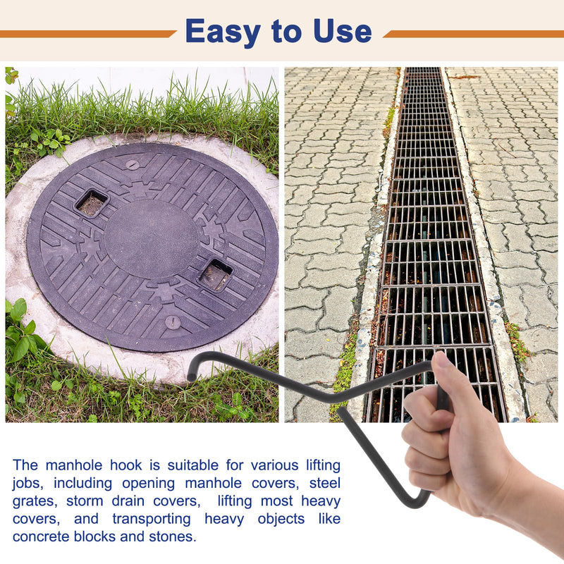 HARFINGTON 2pcs 9.8" Manhole Hook Versatile Manhole Cover Lifter Heavy Loading Carbon Steel Lid Puller With Rotated Handle for Manhole Covers & Storm Drain Cover, Black 9.8"