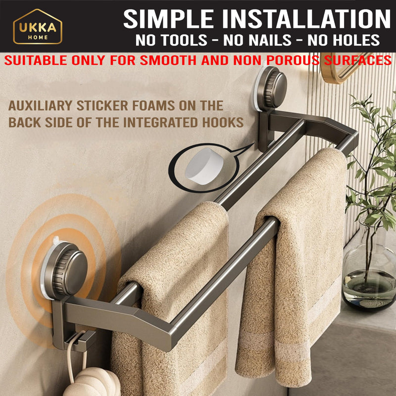 Suction Cup (Twist) Double Rod 24" Towel Bar with Hooks, Bathroom, Kitchen, Glass, Tile. Reusable, ABS+Aluminium, Rustproof, No Drill, No Tools. Hang Towel, Loofah, Sponge (24in/60cm, Gray) Double Rod - 24 in / 60 cm