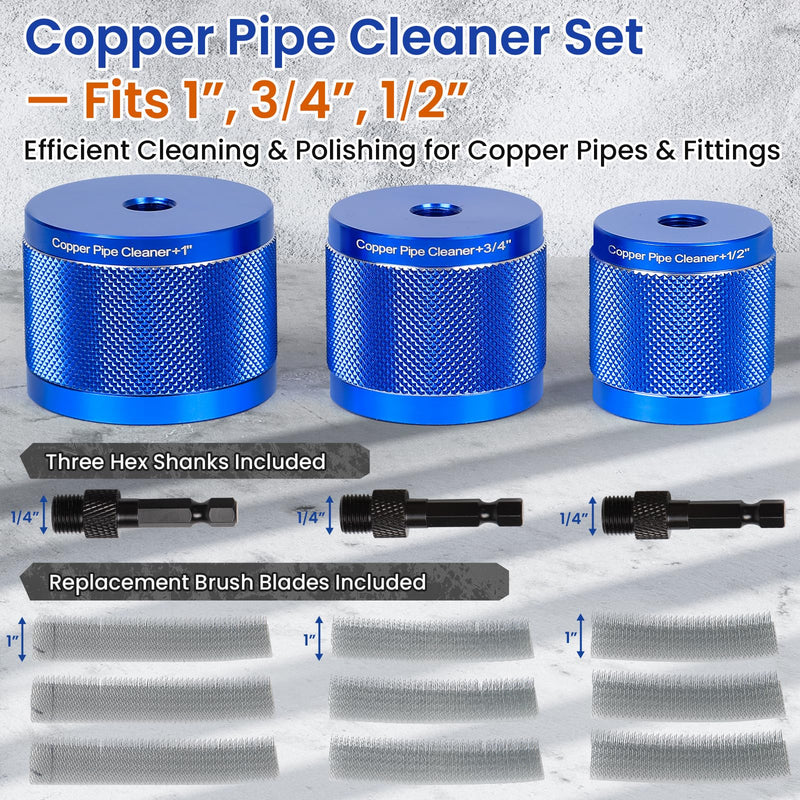 Copper Pipe Cleaner Set, Fits 1”, 3/4”, 1/2” Copper, Iron & Aluminum Pipes, Handheld or Drill Compatible, Metal Tube Cleaning Brushes with Replaceable Blades