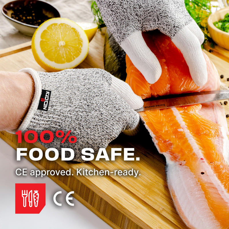 NoCry Cut Resistant Work Gloves for Women and Men, with Reinforced Fingers; Comfortable, 100% Food Grade Kitchen Cooking Hand Protection; Ambidextrous Safety Gear for Cutting;Level 5 Protection 3-pack Large Reinforced (Grey)