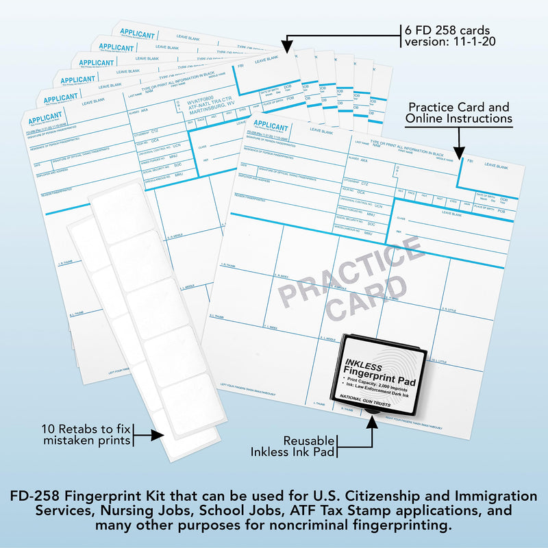 Made in USA - FD 258 Fingerprint Card 2025 Kit Full (6 Cards + 1 Practice Card) w/Reusable Ink Pad, Correction Tabs, Instructions FD258-ATF