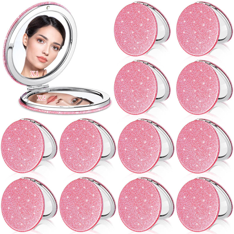 Weysat 12 Pcs Cute Pink Compact Mirrors for Women Galentine's Day, Small Magnifying Travel Makeup Mirror with Glitter, Mini Double-Sided Portable 2x/1x Magnification Folding Pocket, PU Leather, Gift