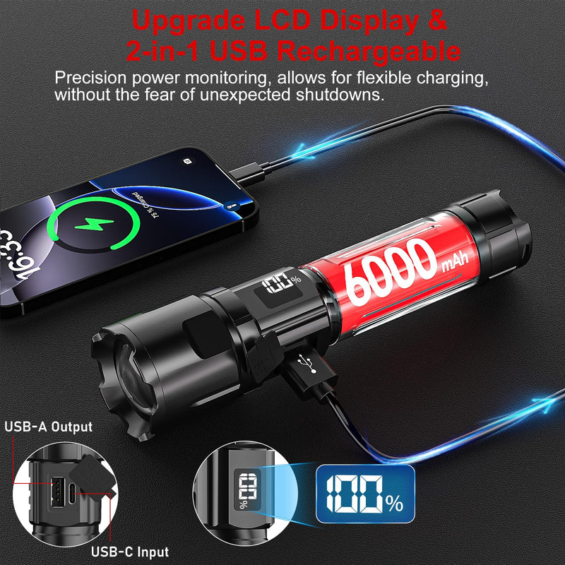 Flashlight 20000 High Lumens Rechargeable - 2 Pack 30W Super Bright LED Flash Light | 24H Long Lasting & 5000ft Beam USB C High Powered Handheld Police Flashlight for Home/Camping/Hiking/Emergency Black