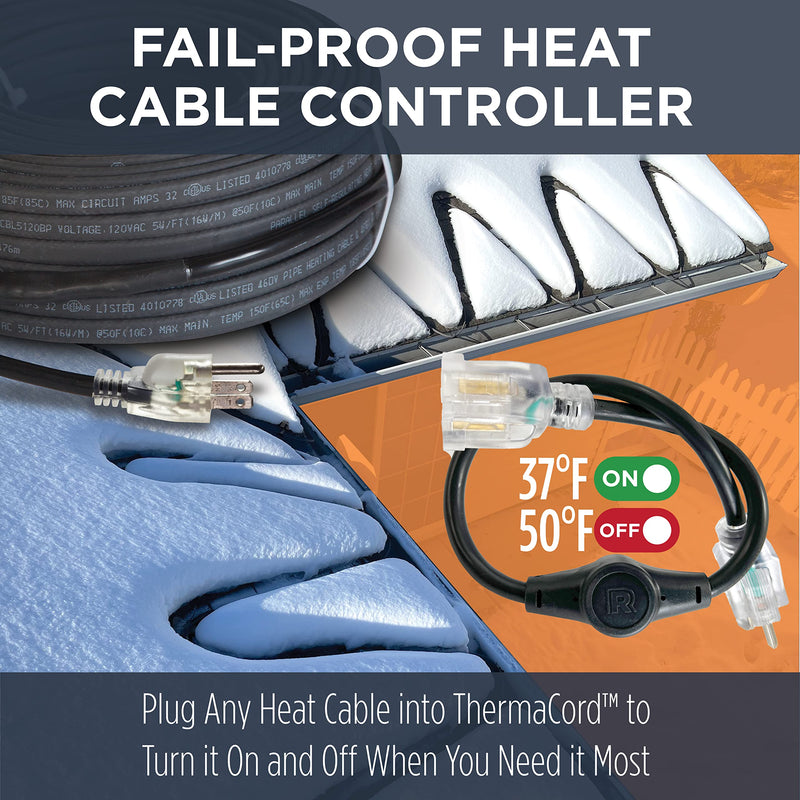ThermaCord 120v Heat Cable Controller, Weatherproof Outdoor Thermostat, Energy-Saving, Turns Heat Cable On and Off Automatically, UL-Certified, Industrial Grade, Fits Outdoor Outlets, 16” Long