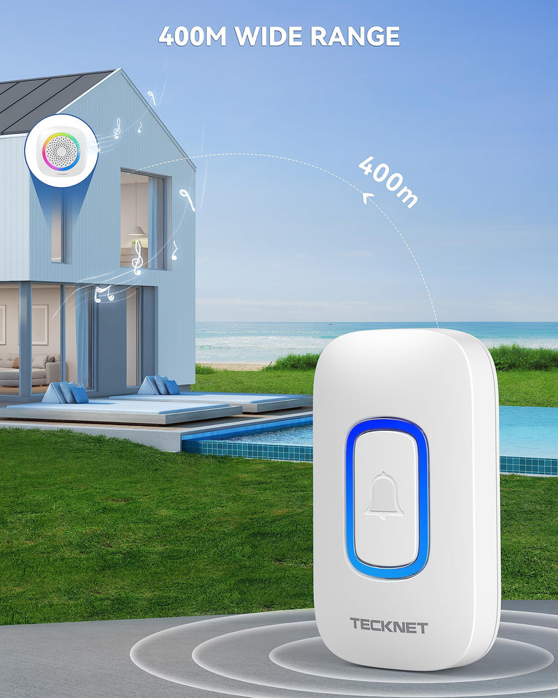 TECKNET Wireless Doorbell, Portable Doorbell with RGB Light, Battery Powered IP66 Waterproof Cordless Door Chime Kit, 1300 ft Wireless Range, 60 Chimes & 5 Level Volume, Using Time up to 4.5 Years 1 push button 1 portable receiver White