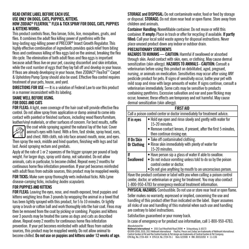 Zodiac Flea & Tick Spray for Dogs, Puppies, Cats, and Kittens, 16-ounce - PawsPlanet Australia