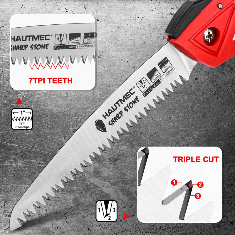 HAUTMEC 6" Folding Saw Pruning Saw, Pro Folding Saw of Sharp Stone Serie, SK5 Foldable Blade Triple-cut Teeth, for Wood Cutting, Garden Camping, Landscaping, Tree Trimming HT0303 6 inches for sprigs