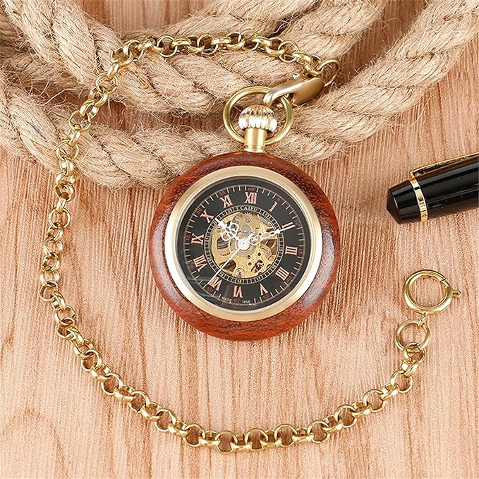 TREEWETO Wooden Mechanical Roman Numeral Pocket Watch Open Face Fob Watch Men Women Ladies - NewNest Australia