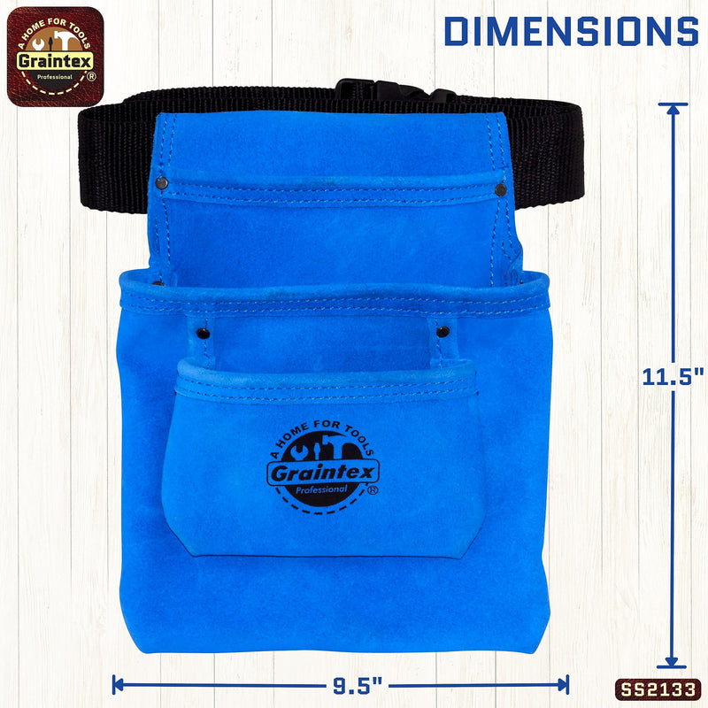 GRAINTEX SS2133 3 Pocket Nail & Tool Pouch Blue Color Suede Leather with 2” Webbing Belt for Constructors, Electricians, Plumbers, Handymen