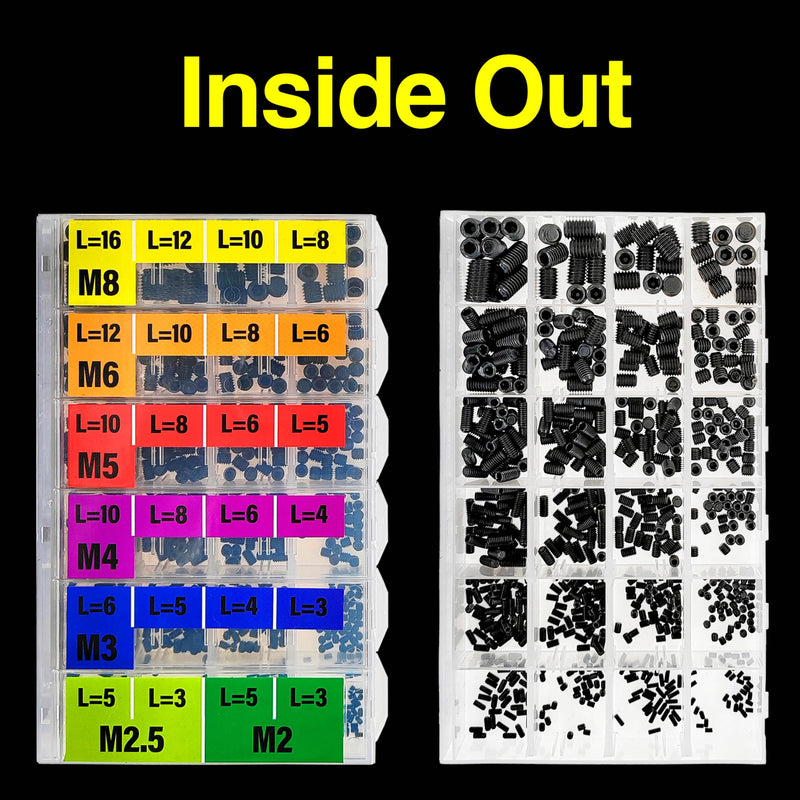 EEEEE 707Pcs Internal Hex Drive Cup-Point Assorted Set Screw Assortment Kit 24 Sizes Metric M2/M2.5/3/4/5/6/8 Stainless Steel Assorted Screw grub Screw 12.9 Class Alloy Steel Black Assortment