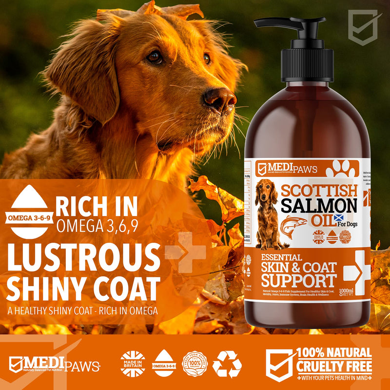 MediPaws® Dog Supplement | Scottish Salmon Oil For Dogs 1000ml | Supports Dog Skin And Coat, Dog Itchy Skin & A Moulting Dog | Omega 3 Fish Oil | Perfect For Dog Grooming & Dog Food 1 l (Pack of 1) - PawsPlanet Australia