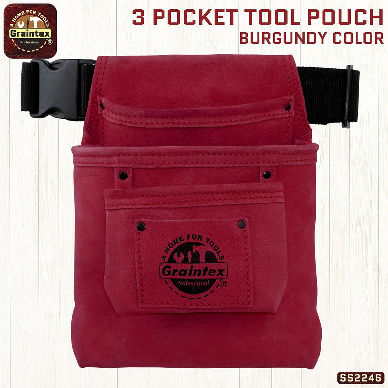 Burgundy Suede Leather 3-Pocket Nail & Tool Pouch with Adjustable Belt by Graintex