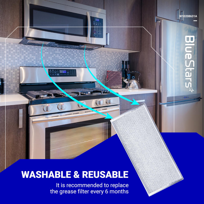 BlueStars 2-Pack W10208631A Microwave Grease Filter Replacement 5.78 x 12.91 Aluminum Mesh Screen Grease Filters - Compatible with Whirlpool G.E Microwaves Pack of 2