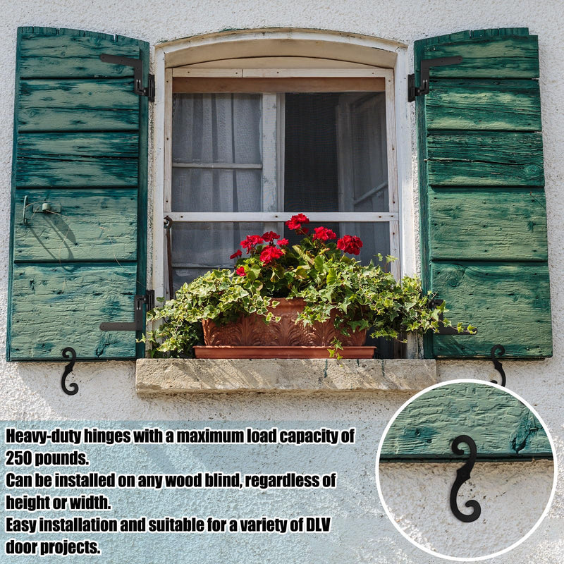Moxweyeni 4 Pack (2 Pair) Steel Blind Shutter Hinges 1-1/16" with S Holdback Hook for Exterior Shutters Window Kit Steel with Black Powder Coating Lift Off Pintle Reversible Hinges Heavy Duty Door 6