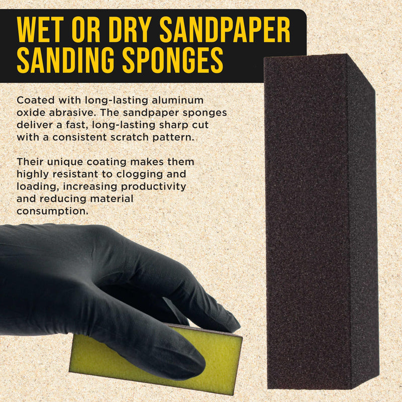 Dura-Gold 150 Grit 4-Sided Hand Sanding Block Sponges, Box of 6 - Performance Flex 3.9" x 2.75" x 1" Wet or Dry Flexible Sandpaper Abrasive Brick Pads, Reusable - Sand Wood, Drywall, Metal, Auto Paint