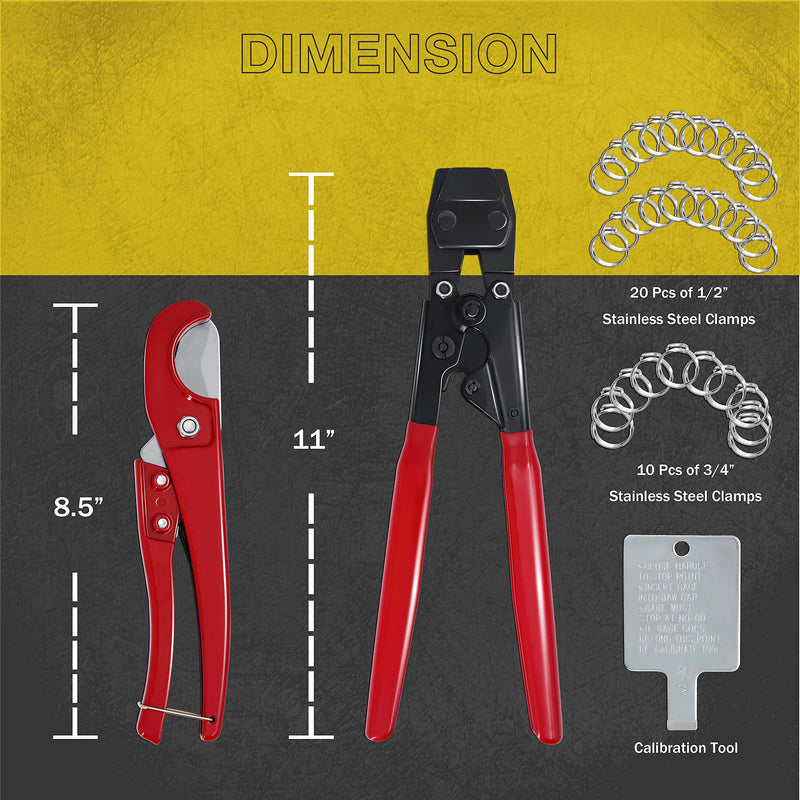 KOTTO Ratchet PEX Crimping Clamp Cinch Tool & Pipe Hose Cutter Meets ASTM 2098 & Stainless Steel Pipe Clamps, Pipe Fitting Tool Kit Sizes 3/8" to 1" - 20 pcs 1/2", 10 pcs 3/4" Clamps With Storage Bag PEX Crimping Tool