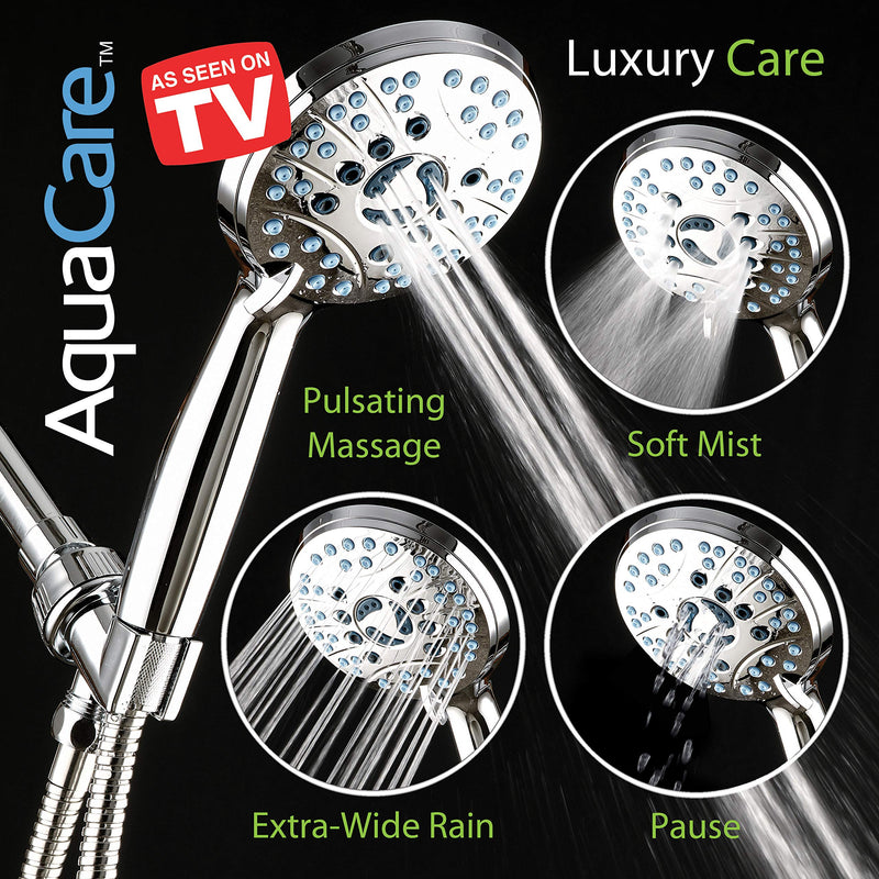 AquaCare High Pressure 8-mode Handheld Shower Head - Anti-clog Nozzles, Built-in Power Wash to Clean Tub, Tile & Pets, Extra Long 6 ft. Stainless Steel Hose, Wall & Overhead Brackets 2.5 Gallon Per Minute Premium Chrome