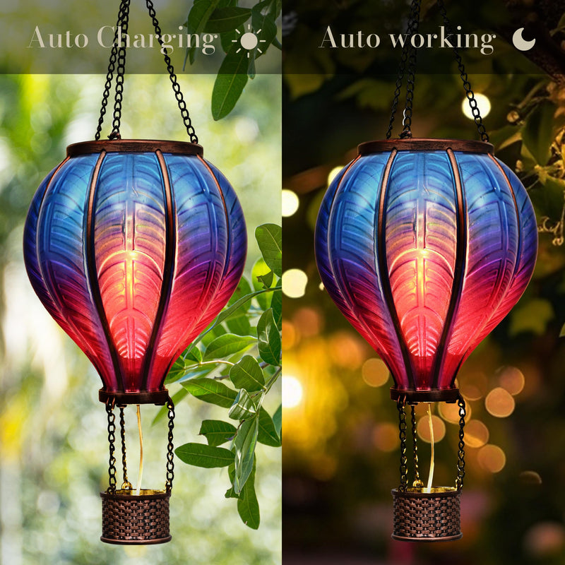 TERESA'S COLLECTIONS Hot Air Balloon Solar Lantern for Garden Decor Halloween Christmas Party,Flickering Flame Hanging Solar Light for Outdoor ,Blue & Purple Plastic Lamp for Yard Tree,Gift for Mom Blue & Purple