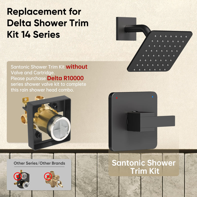 Replacement for Delta Faucet Shower Trim Kit 14 Series, Bathroom Shower Faucet Set with 6-Inch Matte Black Shower Head（Valve/Cartridge Not Included）