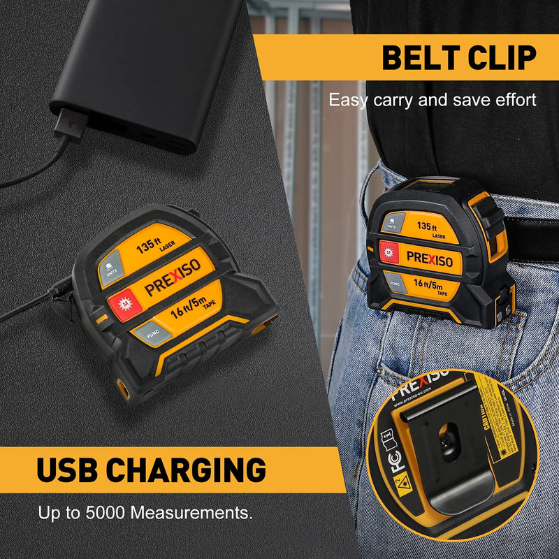 PREXISO 2-in-1 Laser Tape Measure - NOT DIGITAL TAPE - 135Ft Rechargeable Laser Measurement Tool & 16Ft Measuring Tape Movable Magnetic Hook - Pythagorean, Area, Volume, Ft/Ft+in/in/M Unit-NOT Digital