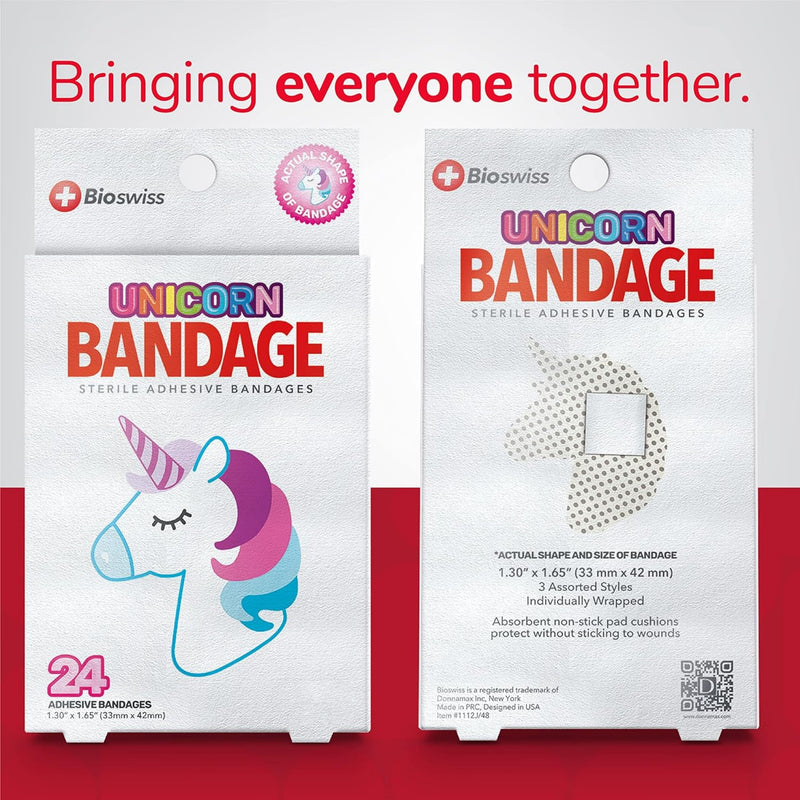 BioSwiss Bandages, Unicorn Shaped Self Adhesive Bandage, Latex Free Sterile Wound Care, Fun First Aid Kit Supplies for Kids, 24 Count 24 Count (Pack of 1)