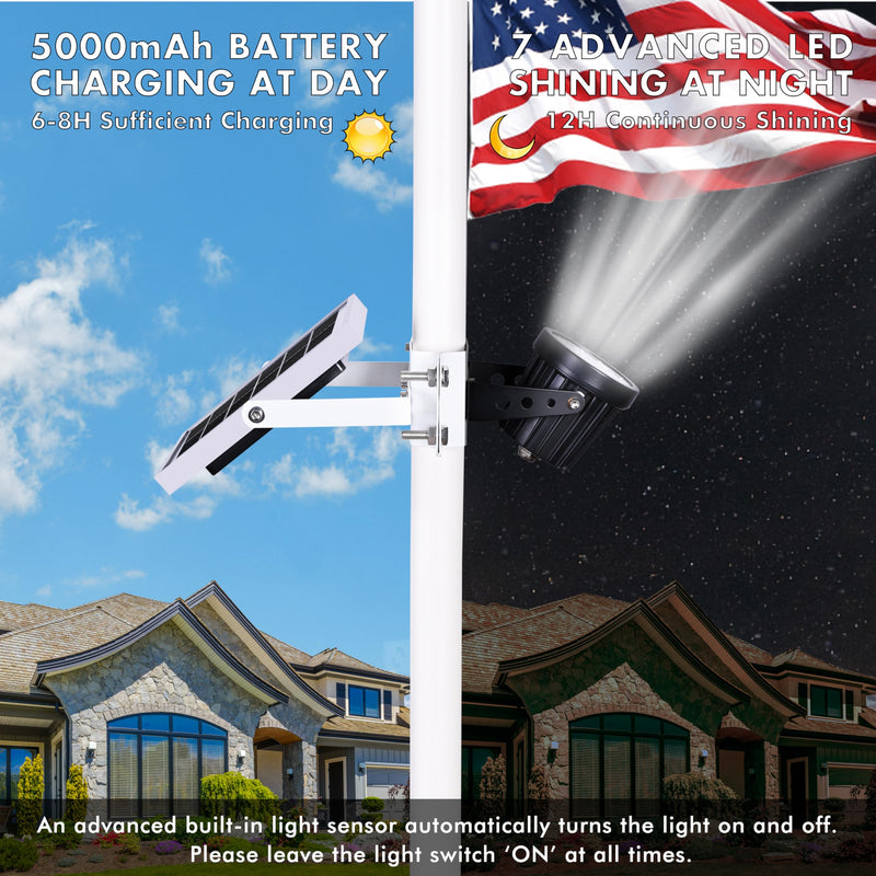 PPQ Solar Flag Pole Light,New 7 LED Bright Solar Powered Spotlight 12H/5W Outdoor Waterproof, Fits 1.6"-3.2" Flagpoles & Inground & Wall, Dusk to Dawn Auto On/Off(6000K White) 7 LED 5000mAh 5W
