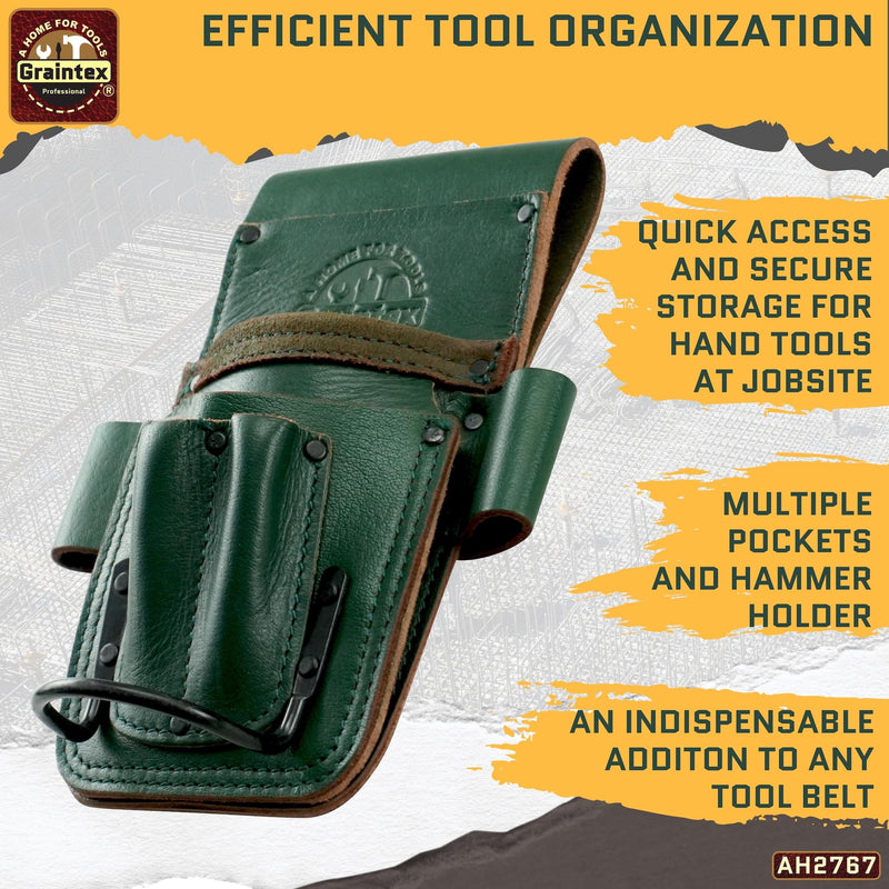 Graintex Ambassador Series 5 Pocket Multi Tool Holder, Top Grain Leather, Small Leather Pouch, Hammer Holder, Multipurpose Tool Belts for Men and Women, Ideal for Carpenters, Framers, Contractors Emerald Green