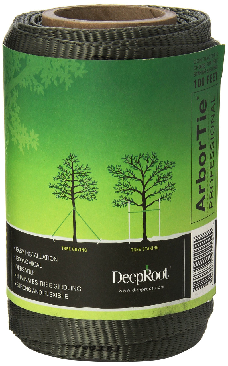 DeepRoot ArborTie Tree Straps for Staking and Guying, Flexible Tree Support Straps, Versatile Tree Rope, Tree Ties For Street Trees, Orchards, and Landscape Trees, 100’ Roll, Olive (AT 1G) Length - 100-Feet Roll Green