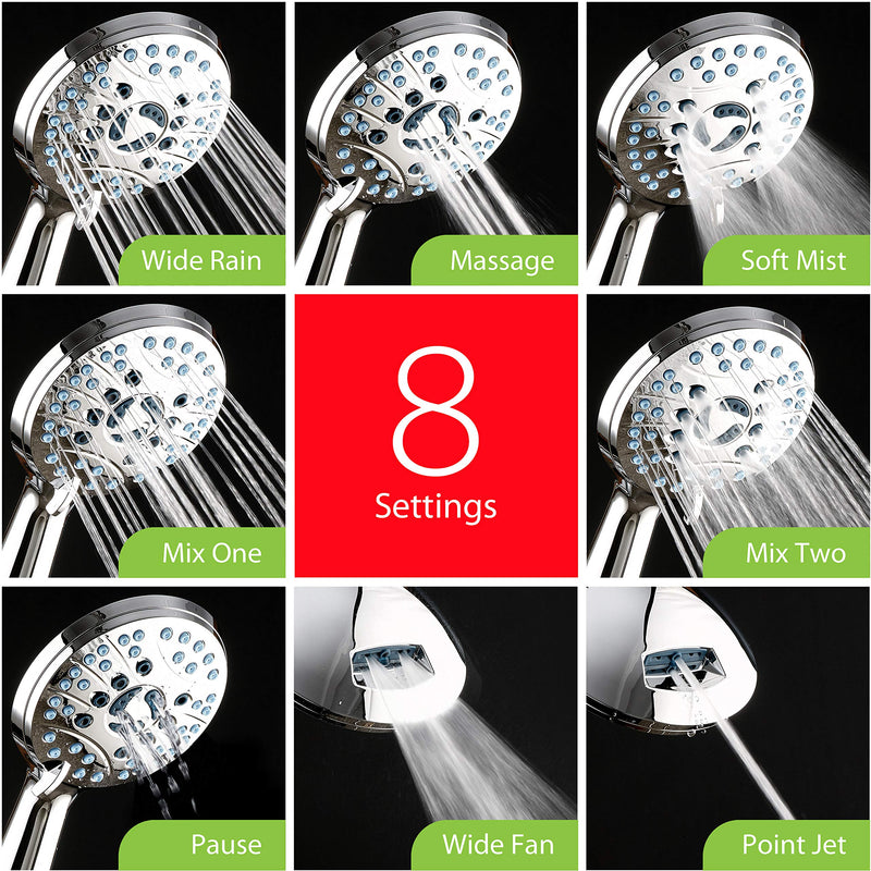 AquaCare High Pressure 8-mode Handheld Shower Head - Anti-clog Nozzles, Built-in Power Wash to Clean Tub, Tile & Pets, Extra Long 6 ft. Stainless Steel Hose, Wall & Overhead Brackets 2.5 Gallon Per Minute Premium Chrome