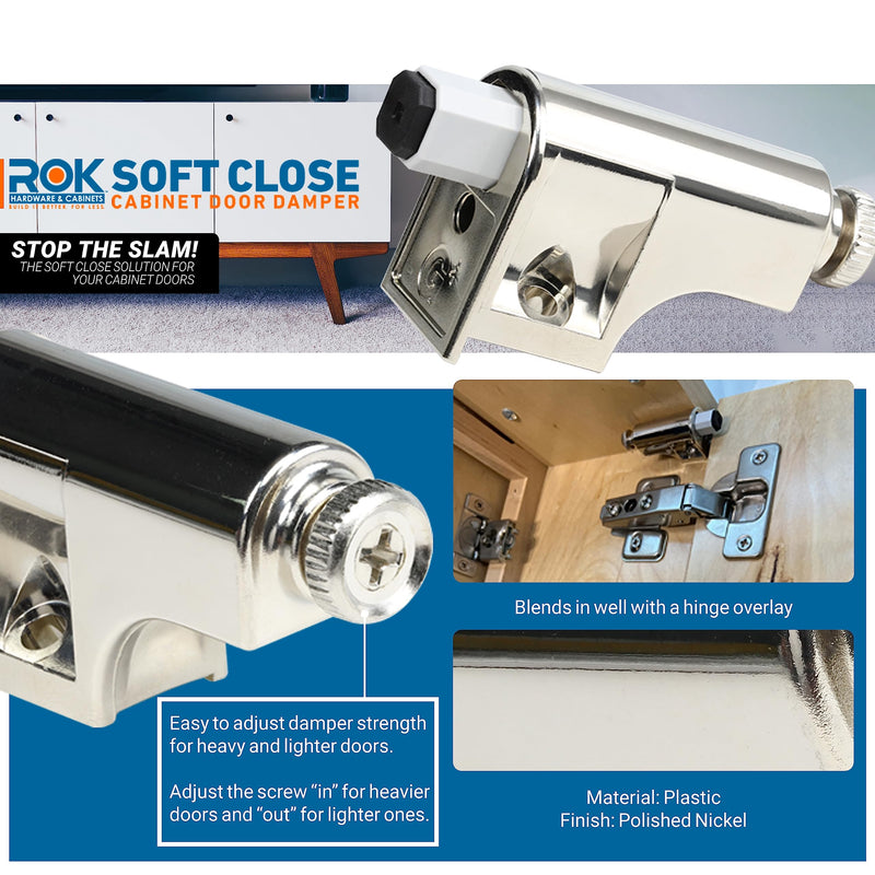 10 Pack Rok Hardware Soft Close Damper for Cabinet Doors/Compact/SoftClose Cabinet Adapter/Hardware/Hinge Polished Nickel Finish, SCD103 10