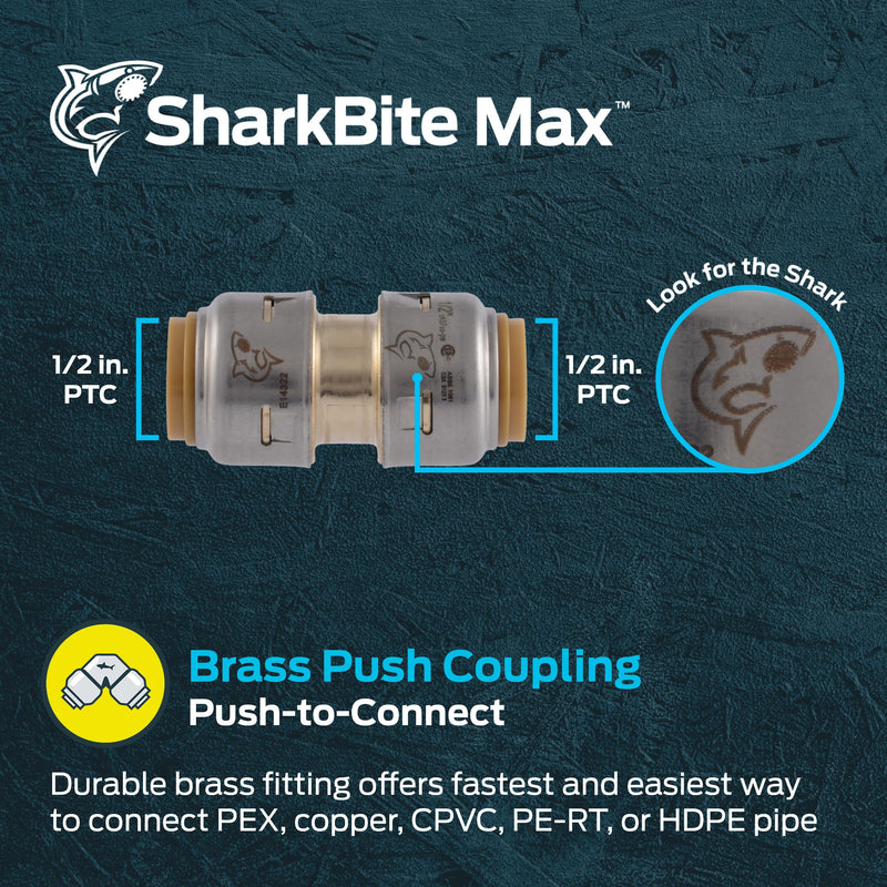 SharkBite Max 1/2 Inch Coupling, Push to Connect Brass Plumbing Fitting, PEX Pipe, Copper, CPVC, PE-RT, HDPE, UR008A 1/2 in.