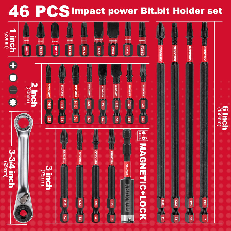 Impact Tough Magnetic Mixed 46Pack Insert Driver Bits, S2 Alloy Steel Screwdriver Power Bits Set with 1Pcs Impact Magnetic Bit Holder and Mini Wrench MIXED-46PC