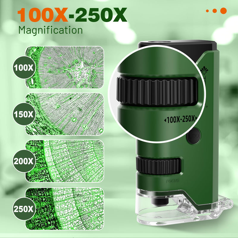 100x-250x Mini Pocket Microscope for Kids Adults, Protable Handheld Microscope with 5 Microscope Slides, Phone Adapter, Miniscope Portable Microscope Kit for Kids Adults Science Lab Education, Green