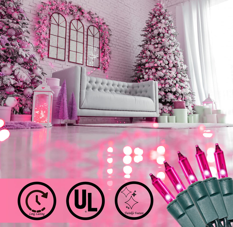 Pink Christmas String Lights 100 Mini Fairy Lights Set Green Wire 20.6 Ft Traditional Valentines Easter Holiday Décor for Home Christmas Tree Bedroom Patio Wedding Decoration Pink 100 Count