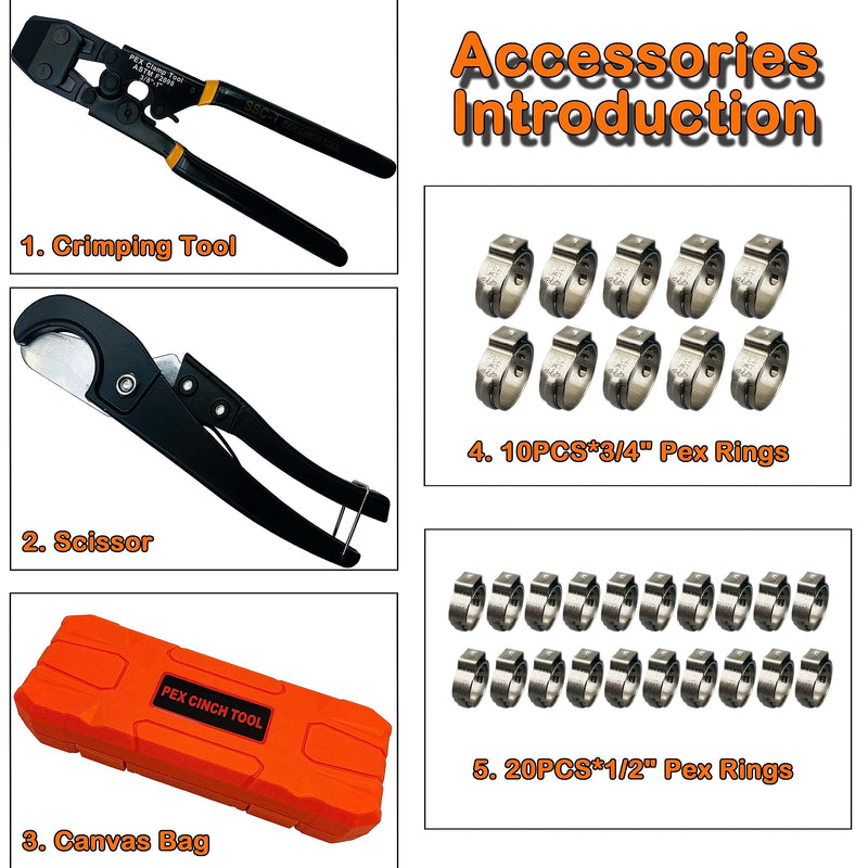 PEX Pipe Clamp Cinch Tool Crimping Tool Crimper for Stainless Steel Clamps from 3/8-inch to 1-inch with 1/2-inch 20PCS and 3/4-inch 10PCS SS PEX Clamps,with Pipe Cutter in Plastic Box CH-T-PBOX