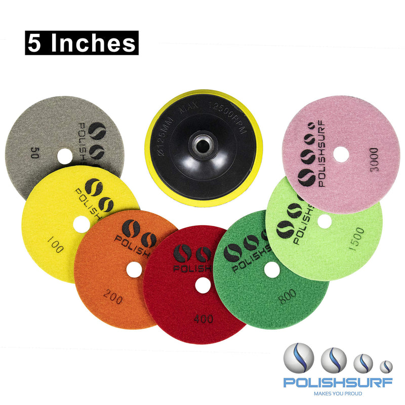 Diamond Polishing Pads 5 Inch Wet Dry Set 8 Pieces for Marble Quartz Stone Countertop Granite Concrete Polishing