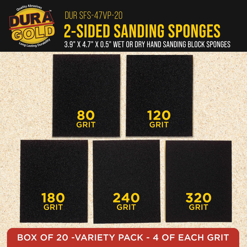 Dura-Gold Double-Sided Sanding Sponge Grit Variety Pack, Box of 20, Grits 80, 120, 180, 240, 320-4.7" x 3.9" Wet or Dry Flexible Softback Sandpaper Sponges, Hand Sanding Block Pad, Wood Metal Paint - NewNest Australia