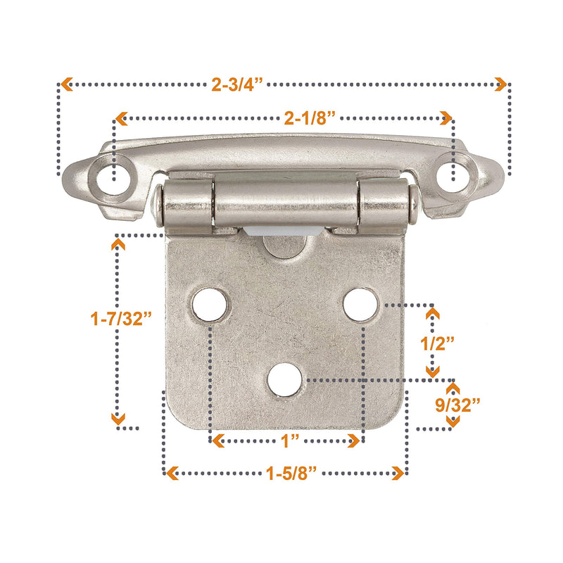 DecoBasics Cabinet Hinges Brushed Nickel for Kitchen Cabinets Doors (25 Pair -50 Pcs) -1/2" Overlay (Variable) -Self Closing Kitchen Cabinet Hinges Flush Mount w/Silicon Bumpers & Hardware Screws 50 Pack