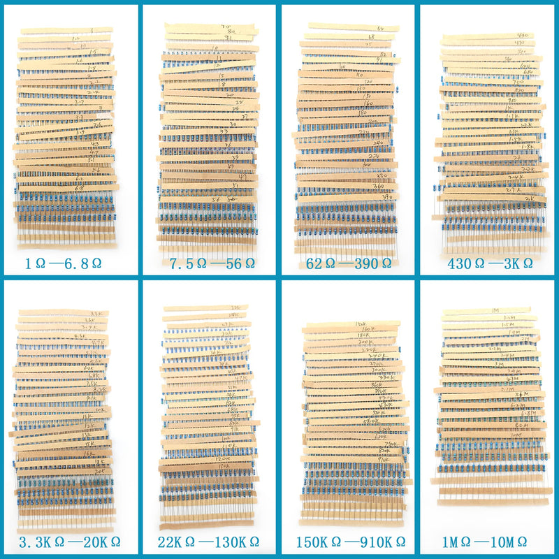 3120pcs 156 Values Metal Film Resistor Kit Minidodoca 1 Ohm-10M Ohm 1/4W 0.25 watt ±1% Tolerance Fixed Resistors Assortment Kit RoHS Compliant 100 1000 1k 10k 100k ohm Resistor Pack for DIY Projects 1/4 watt-156 values-3120pcs