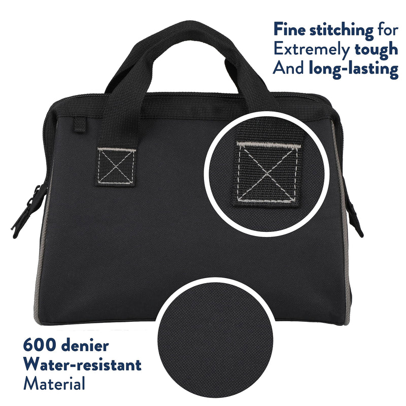 Olympia Tool Bag 12 Inch, Heavy Duty Tools Bag with 3 Large Pockets, Adjustable Shouder Straps and 600D Reinforced Material 12-Inch Black