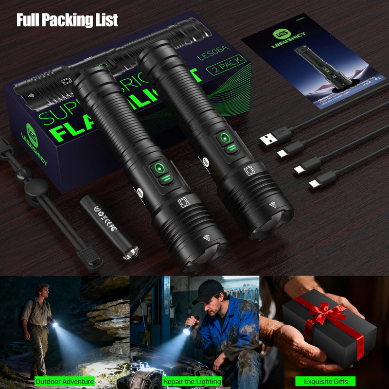 Rechargeable Flashlights High Lumens 100000 with Side Light - 2 Pack, Super Bright 30W LED, Dual Source Light Buttons, Long Lasting 15H, Quick USB C Charge, Handheld 6.81” Length, for Hiking Home Gift