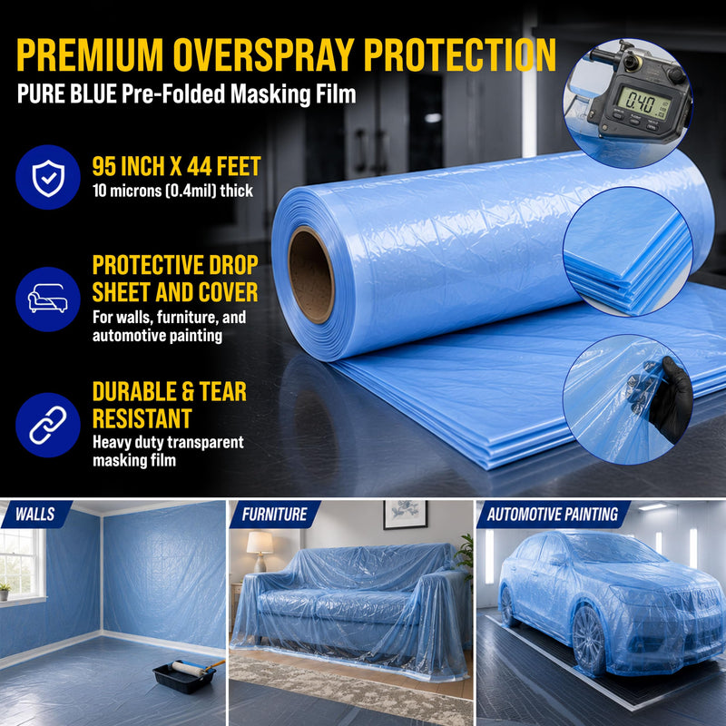 Dura-Gold 95" x 44' Pure Blue Pre-Folded Masking Film, (3 Pack) Painters Plastic Roll (0.4 Mil), Pull Down Drop Sheet, Pre-Folded Plastic Sheeting for Painting Protection on Auto, Walls, Furniture