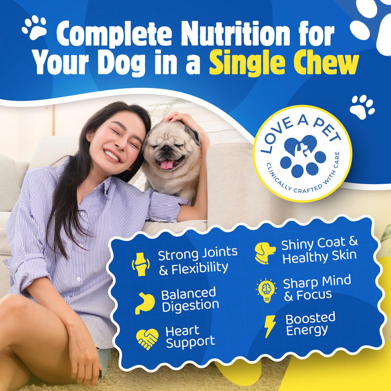 Enhanced Multivitachew – Dog Supplies Multivitamin Soft Chews with Glucosamine for Dogs – Supports Joints, Skin, Coat & Digestion – Dog Vitamins & Omega, Probiotics – 120 Bacon Chews