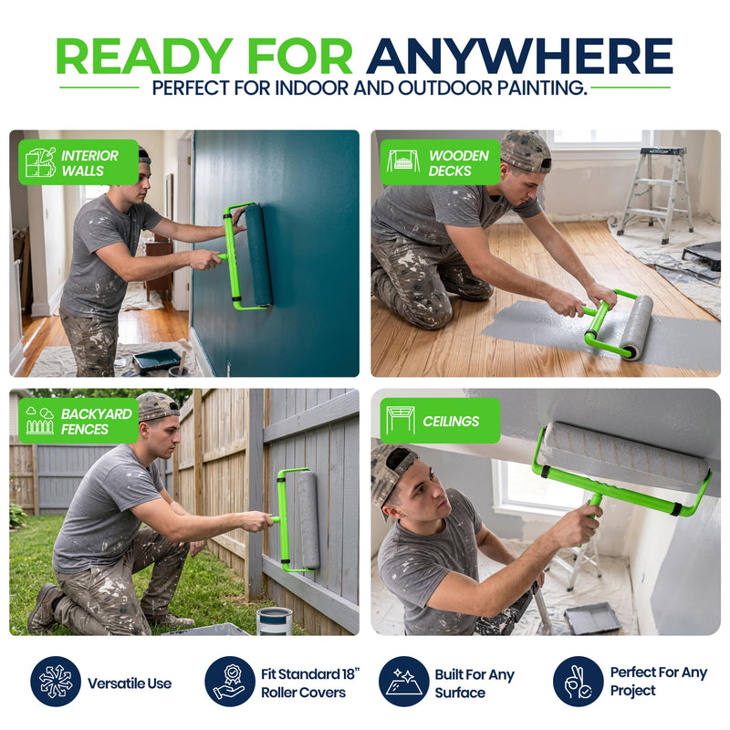 Ergonomic Paint Roller - 18 inch Paint Roller Frame Kit with Extension Handle - Comfortable Grip to Minimize Hand Stress & Fatigue, Get Projects Done in 1/2 The Time