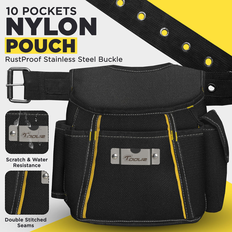 Tool Belt, 10 Pockets All-Tool Utility Belt for Electrician, Carpenter, Contractor, Gardening, Plumber - Small & Lightweight Work Belt for Men Women - Durable Double Stitching Construction